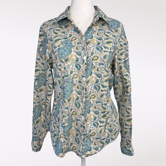 Old Navy Tops - Old Navy Paisley Button Front Shirt Long Sleeve Blue Green Small